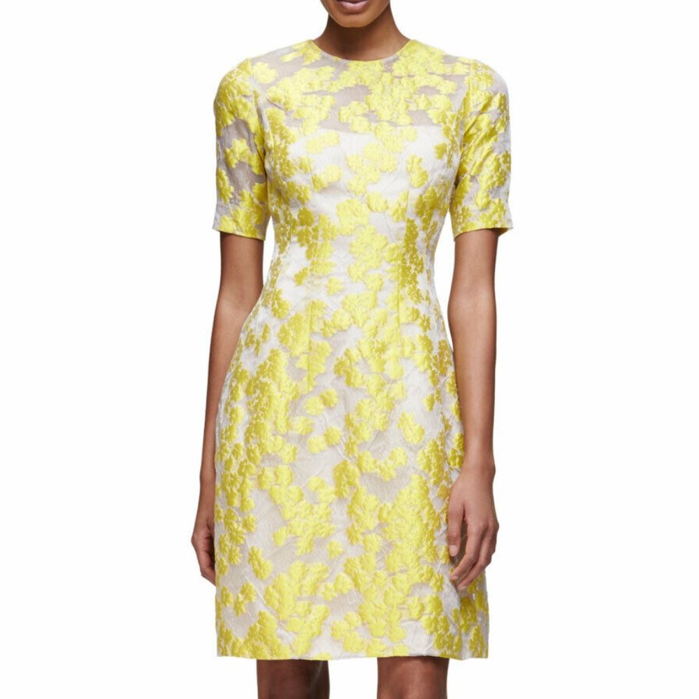 Lela Rose Fil Coupe Holly Elbow-Sleeve Daisy-Print Dress, Yellow Citrine - Sz 2